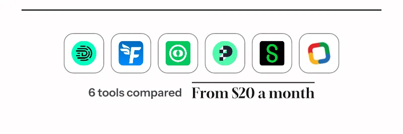 Logos of Digits, FreeAgent, Pennylane, Puzzle, Sage Accounting, Zoho Books. 6 tools compared, from $20 a month.