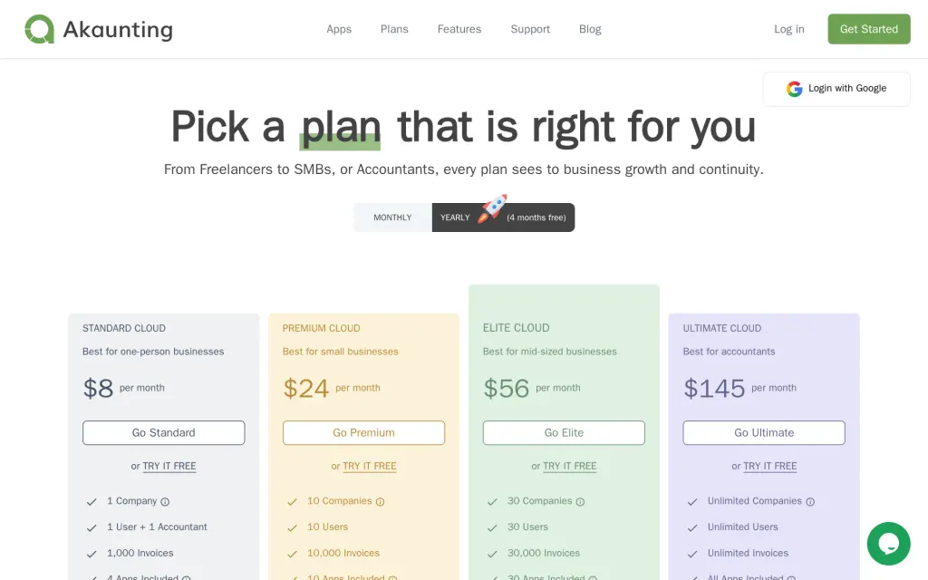 Akaunting's pricing page