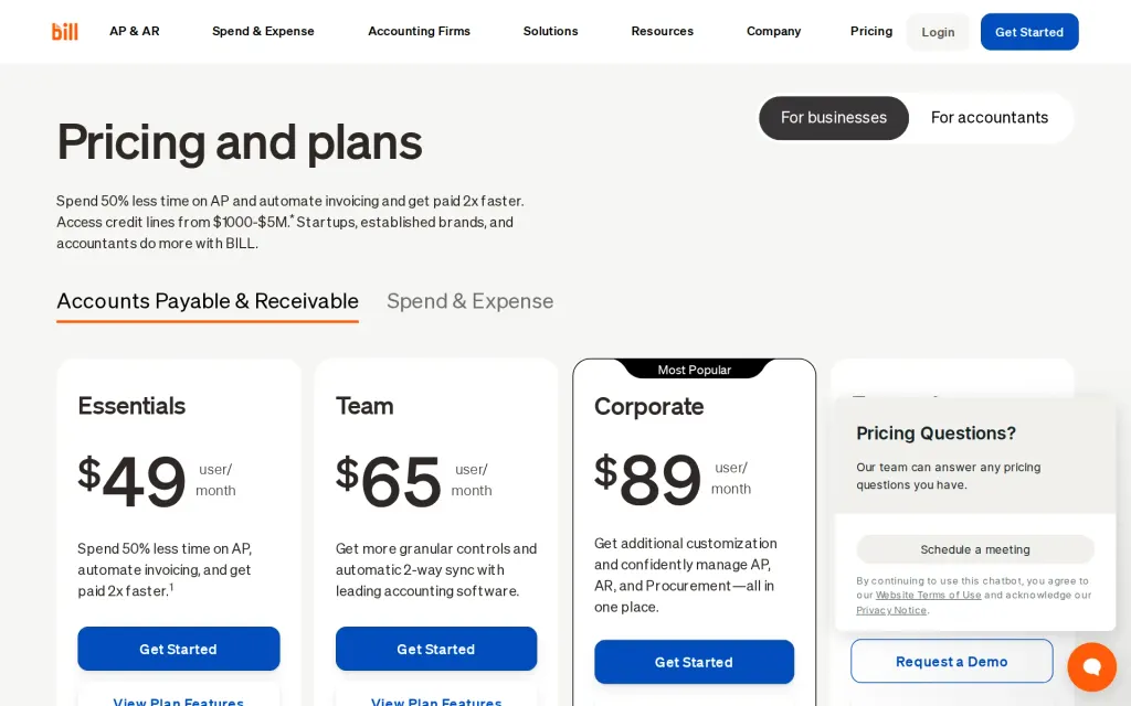 BILL's pricing page
