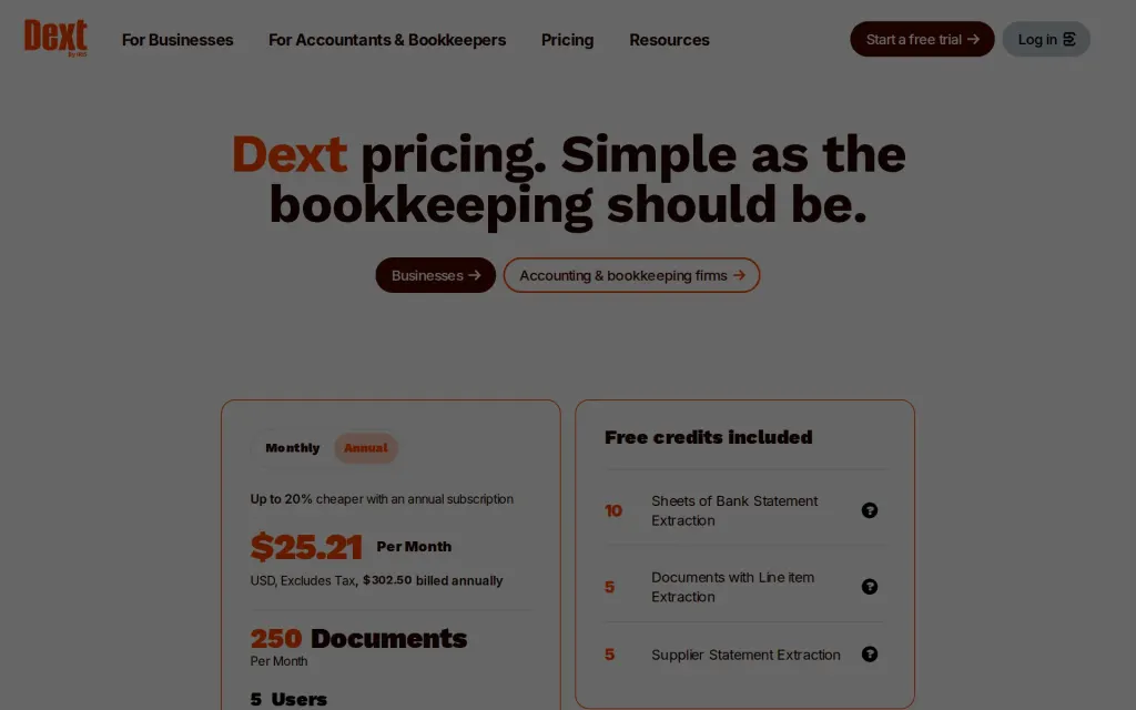 Dext's pricing page