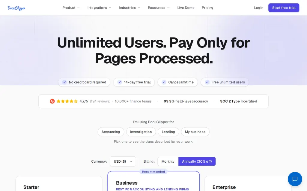 DocuClipper's pricing page