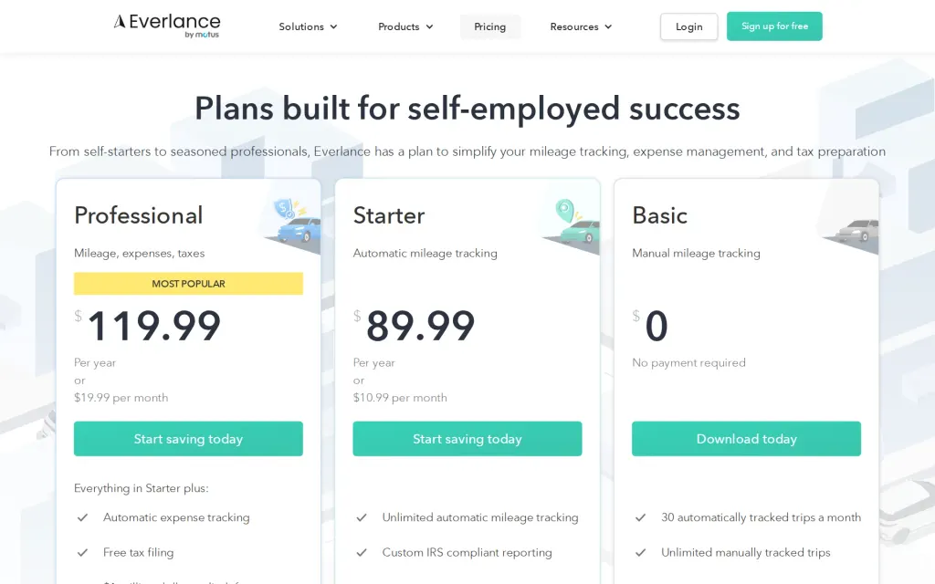 Everlance's pricing page