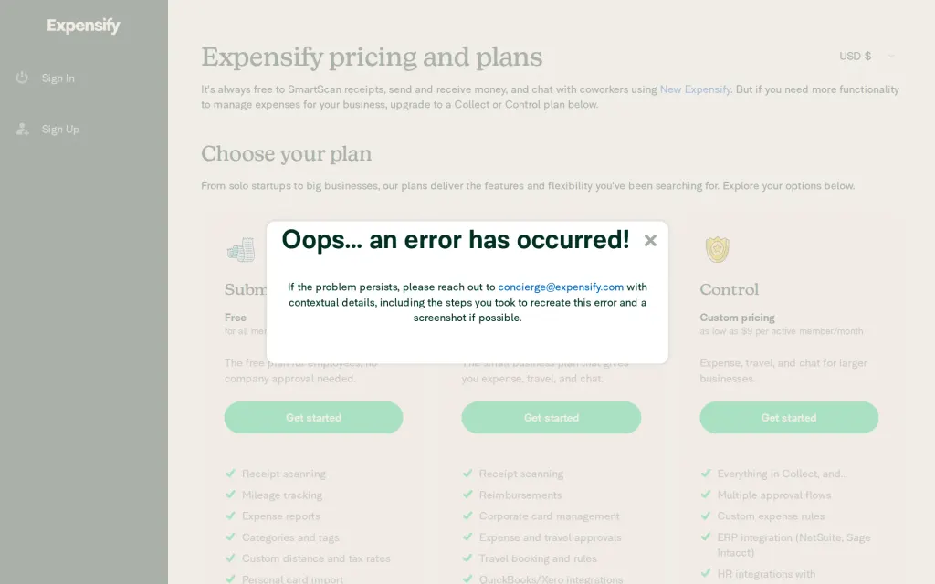 Expensify's pricing page