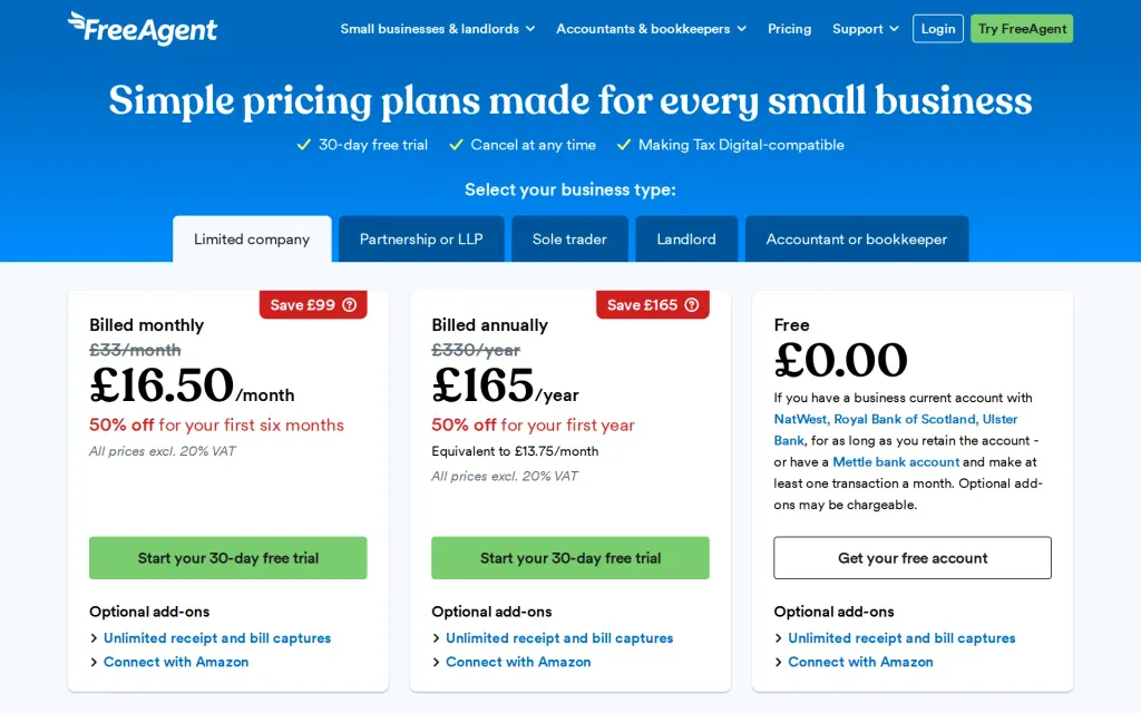 FreeAgent's pricing page