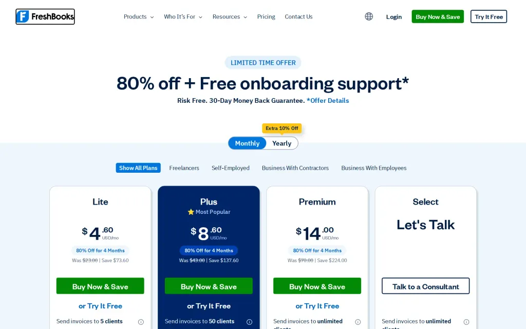 FreshBooks's pricing page