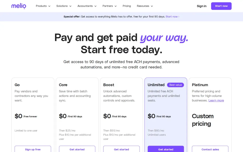 Melio's pricing page