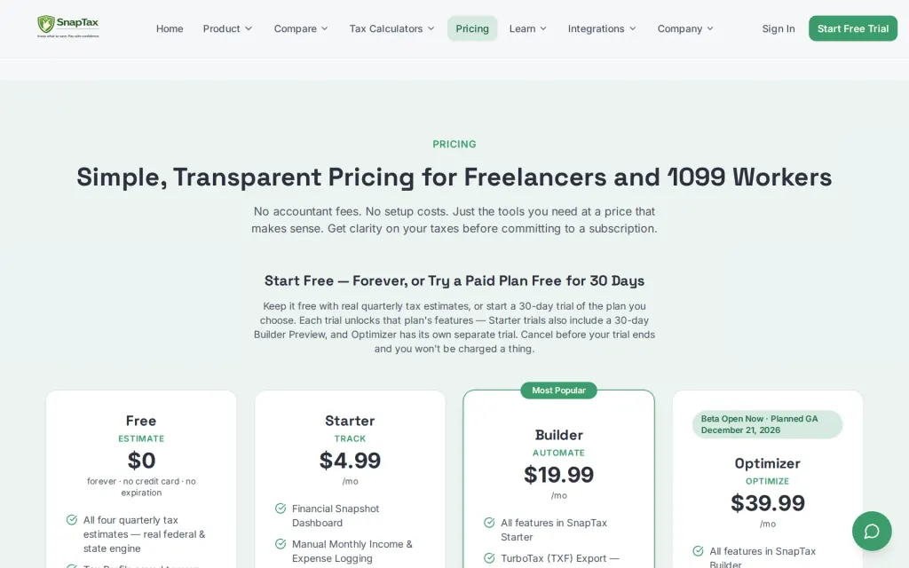 SnapTax's pricing page