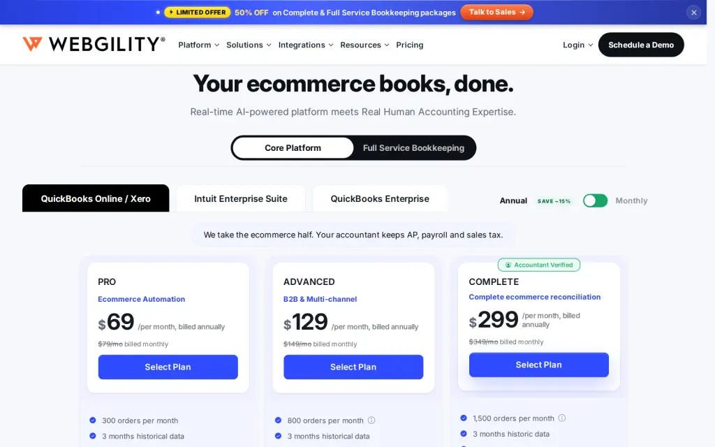 Webgility's pricing page