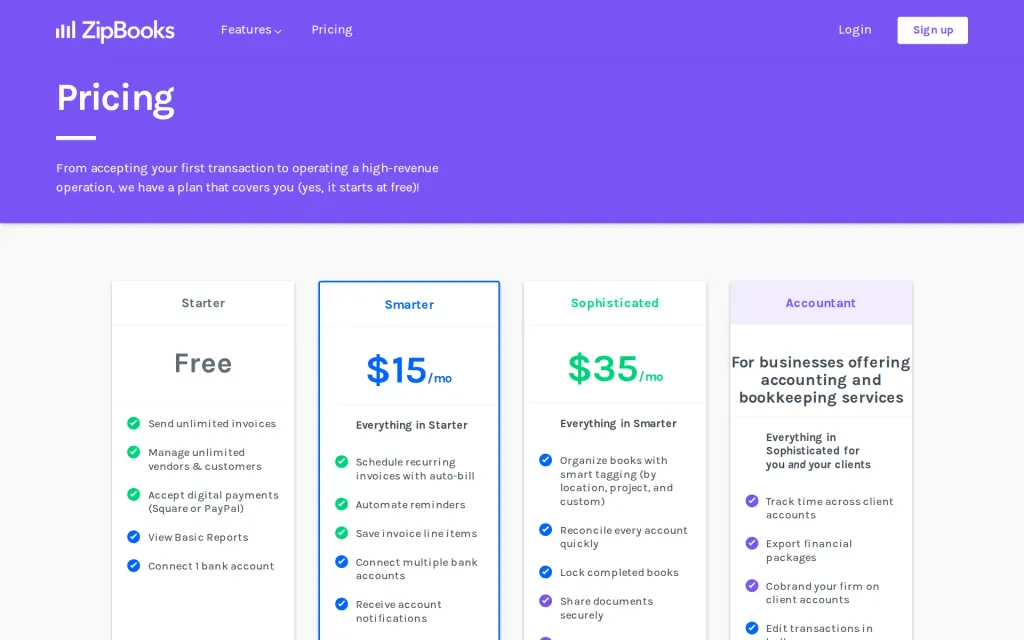 ZipBooks's pricing page