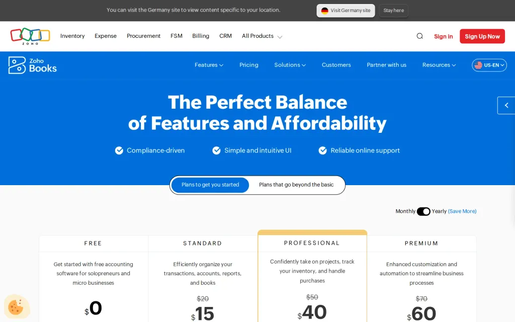 Zoho Books's pricing page