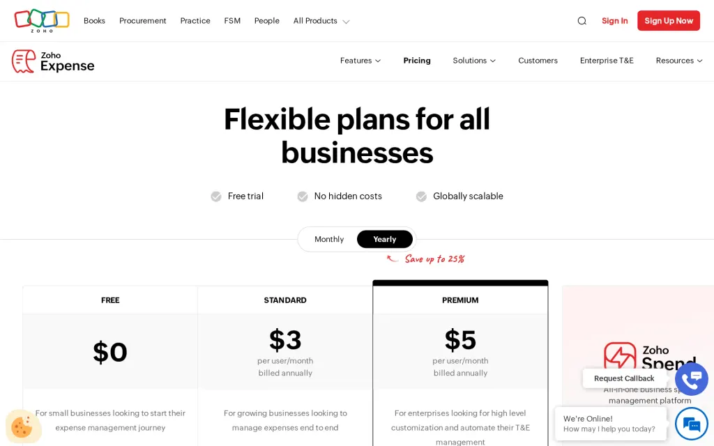 Zoho Expense's pricing page